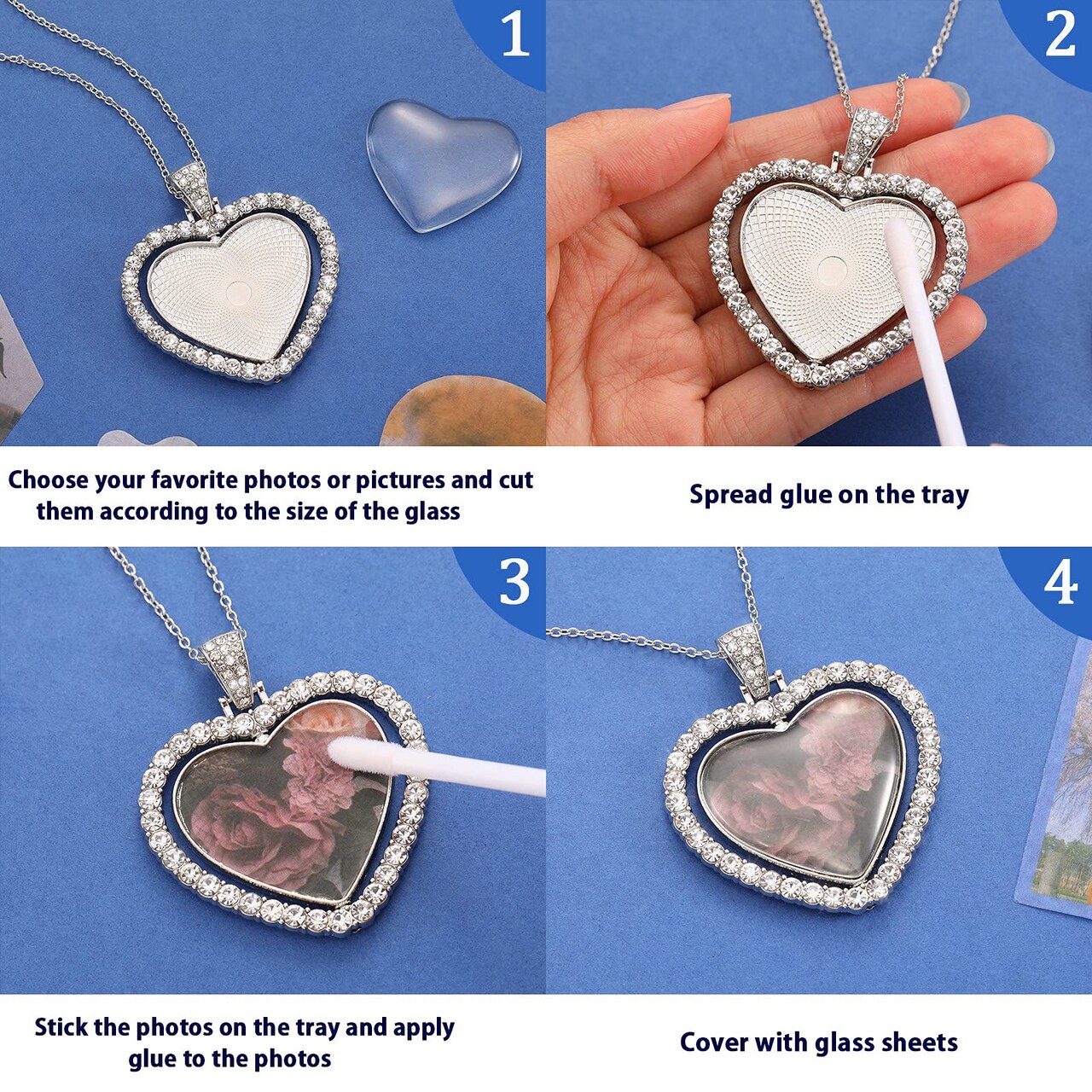 24 Pieces Rhinestone Pendant Trays Set Including 8 Heart Shape Double Sided Blank Pendant Charms with 16 Glass Domes Blank Discs Necklaces Halloween Jewelry Making (Gold, Silver)